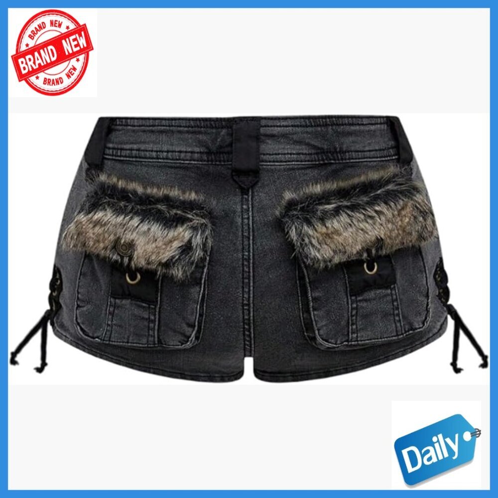 Women's Low Rise Fuzzy Denim Shorts Lace Up Vintage Mini Streetwear